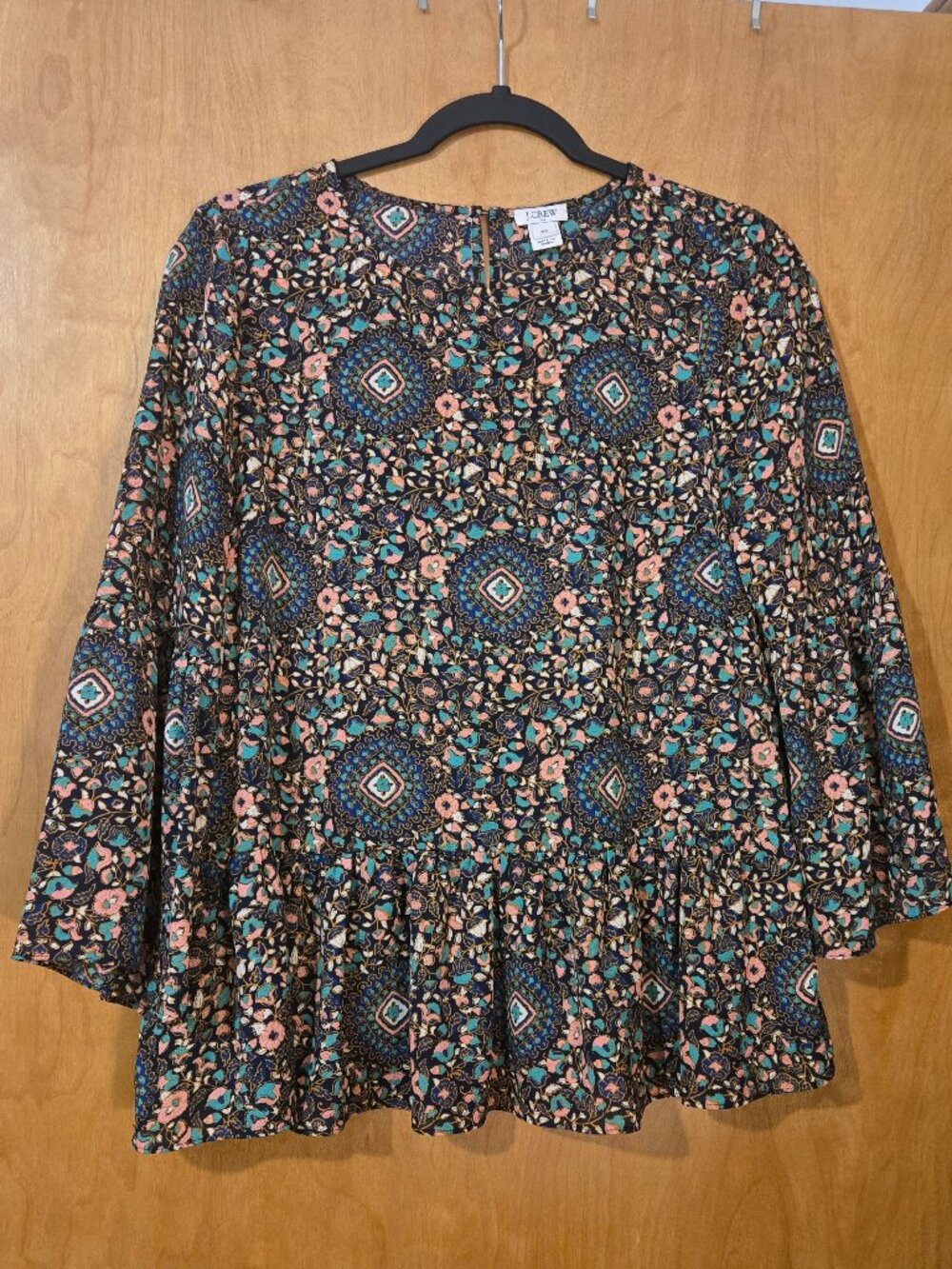 J Crew Factory Floral Bell Sleeve Peplum Blouse Flowy Boho Style Size XS